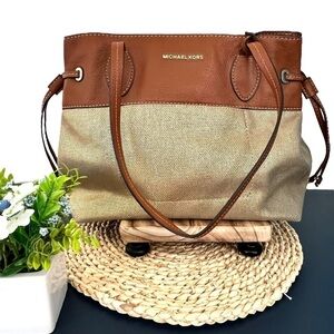 Michael Kors Marina Gold and Brown Leather Large Drawstring Tote Bag Purse